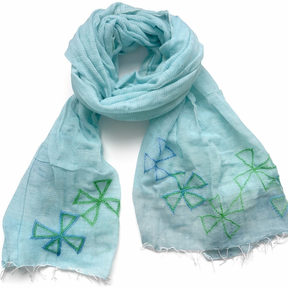 Sammy Hand Made In Ethiopia Light Blue‎ Embroidered Scarf Gauzy Cotton Clovers